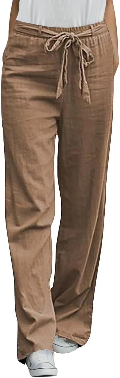 Womens Casual High Waisted Wide Leg Pants Straight Leg Trousers Linen Elastic Waist Loose Fit Straight Pants with Pockets