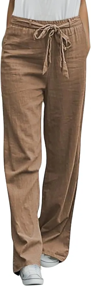 Womens Casual High Waisted Wide Leg Pants Straight Leg Trousers Linen Elastic Waist Loose Fit Straight Pants with Pockets