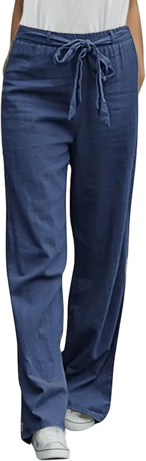 Womens Casual High Waisted Wide Leg Pants Straight Leg Trousers Linen Elastic Waist Loose Fit Straight Pants with Pockets