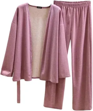 Womens Casual Pajamas Set 2 Pieces Fall Winter Soft Warm Cozy Sleepwear Pant Simple Solid Daily Loungewear Outfits