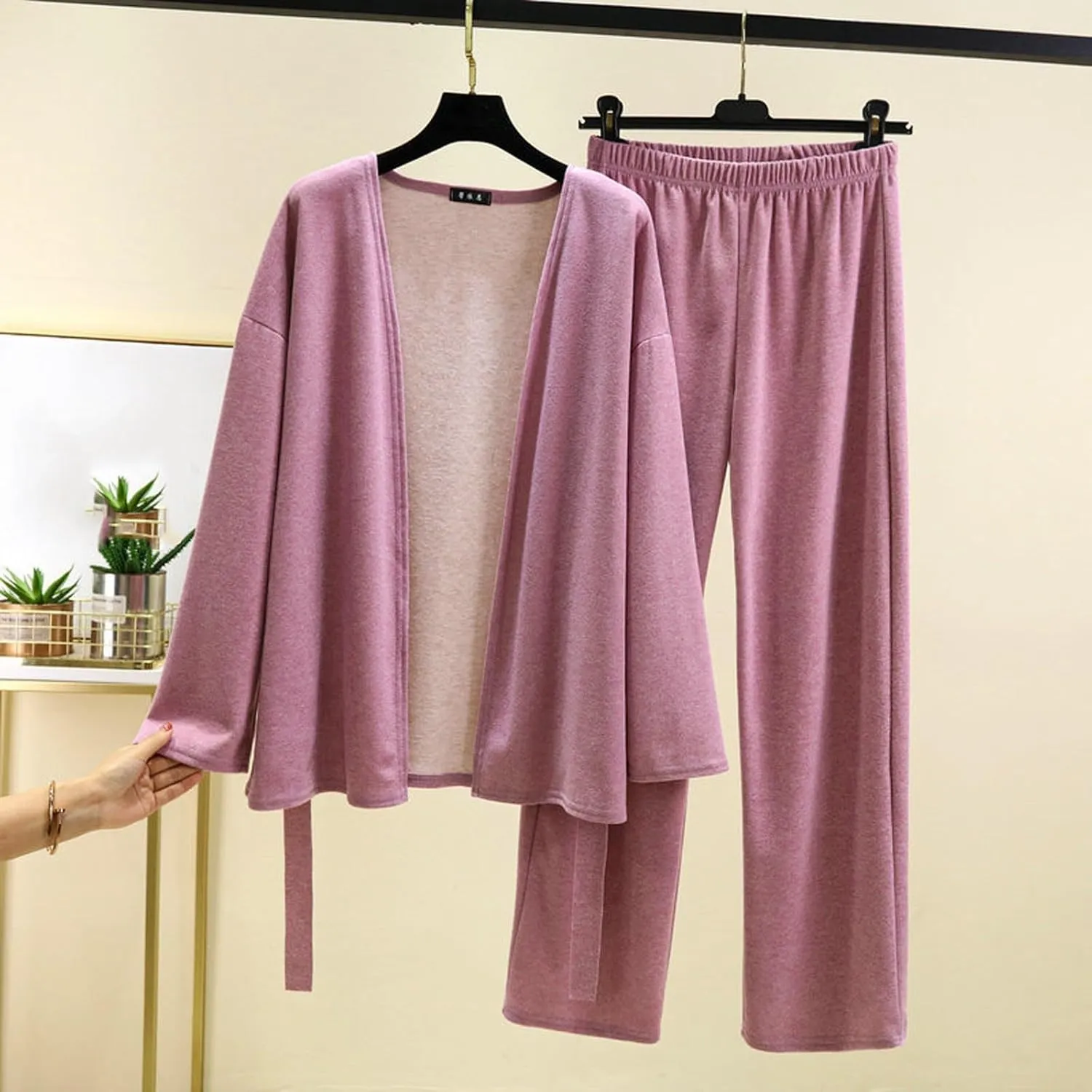 Womens Casual Pajamas Set 2 Pieces Fall Winter Soft Warm Cozy Sleepwear Pant Simple Solid Daily Loungewear Outfits
