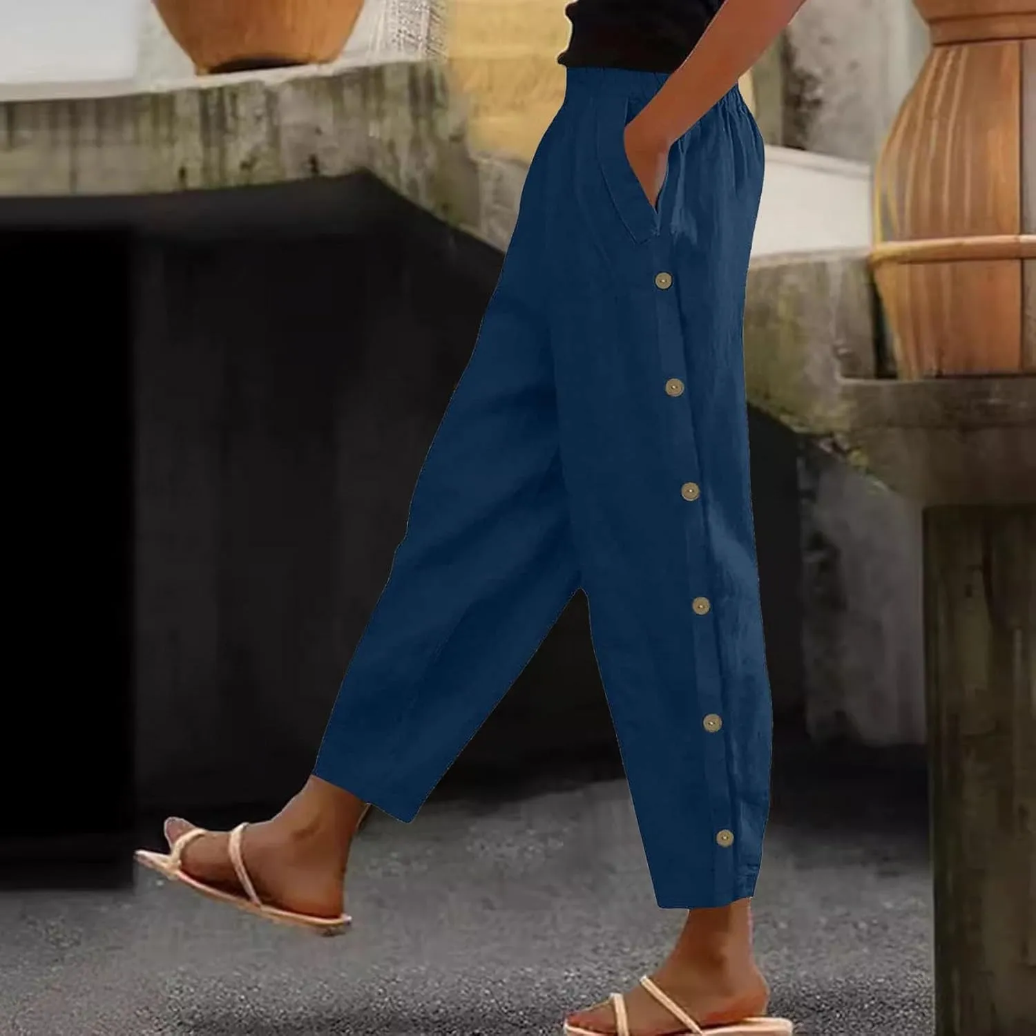 Womens Casual Pants Lightweight High Waist Elastic Straight Leg Lounge Pant Summer Loose Travel Trousers with Pockets