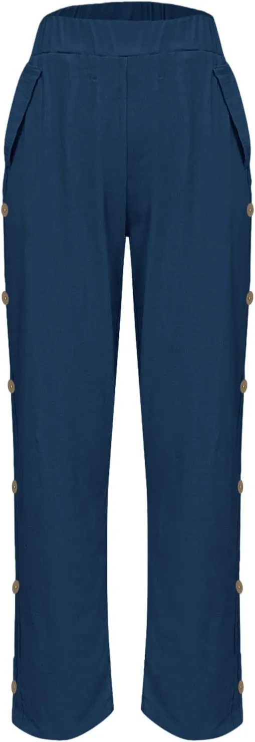 Womens Casual Pants Lightweight High Waist Elastic Straight Leg Lounge Pant Summer Loose Travel Trousers with Pockets