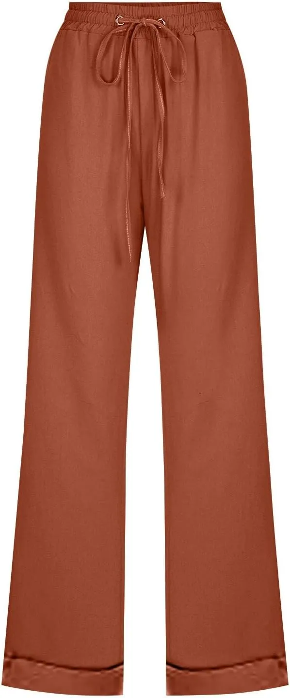 Womens Casual Pants Straight Leg Drawstring Elastic High Waist Loose Trousers Summer Casual Breathable Pants with Pockets