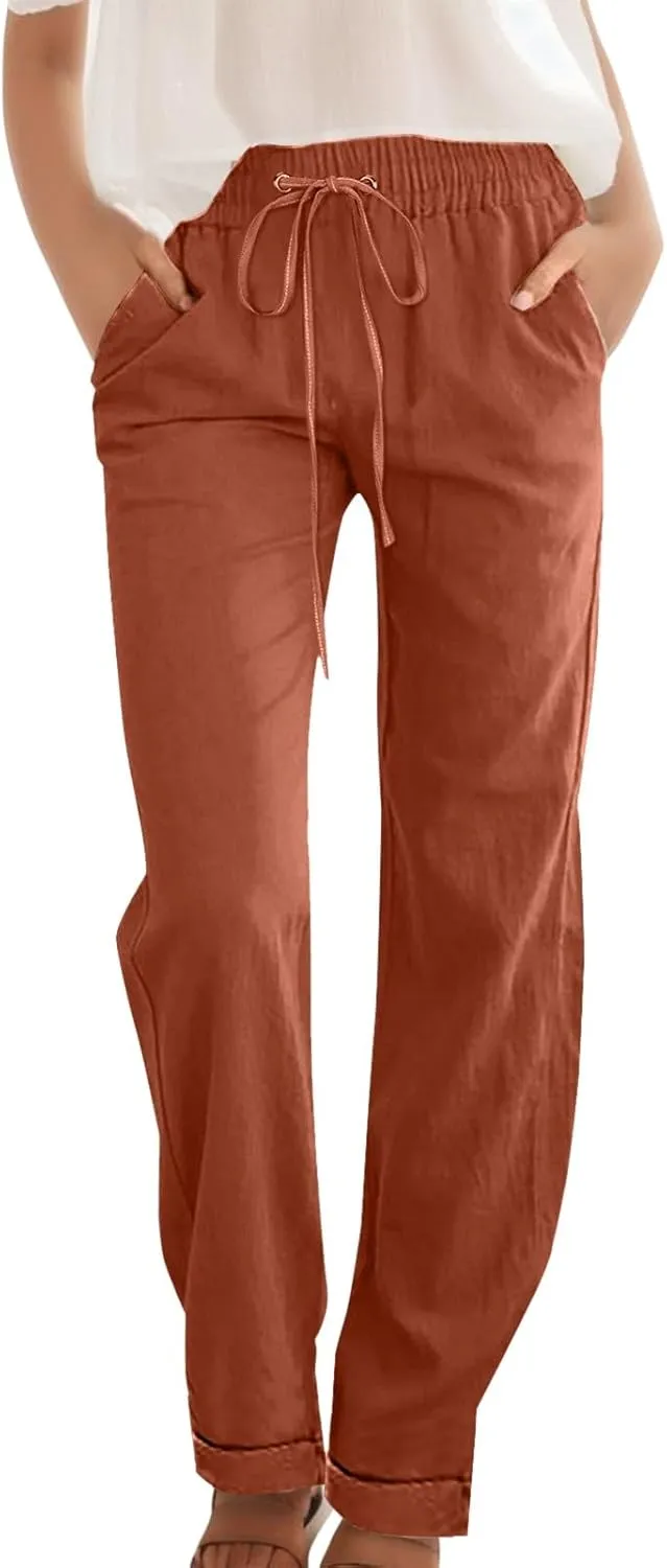 Womens Casual Pants Straight Leg Drawstring Elastic High Waist Loose Trousers Summer Casual Breathable Pants with Pockets