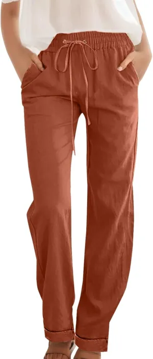 Womens Casual Pants Straight Leg Drawstring Elastic High Waist Loose Trousers Summer Casual Breathable Pants with Pockets