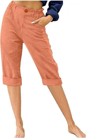 Womens Cotton Linen Capri Pants, Casual Summer Capris Loose Cropped Trousers with Pocket Lightweight Breathable Bottoms