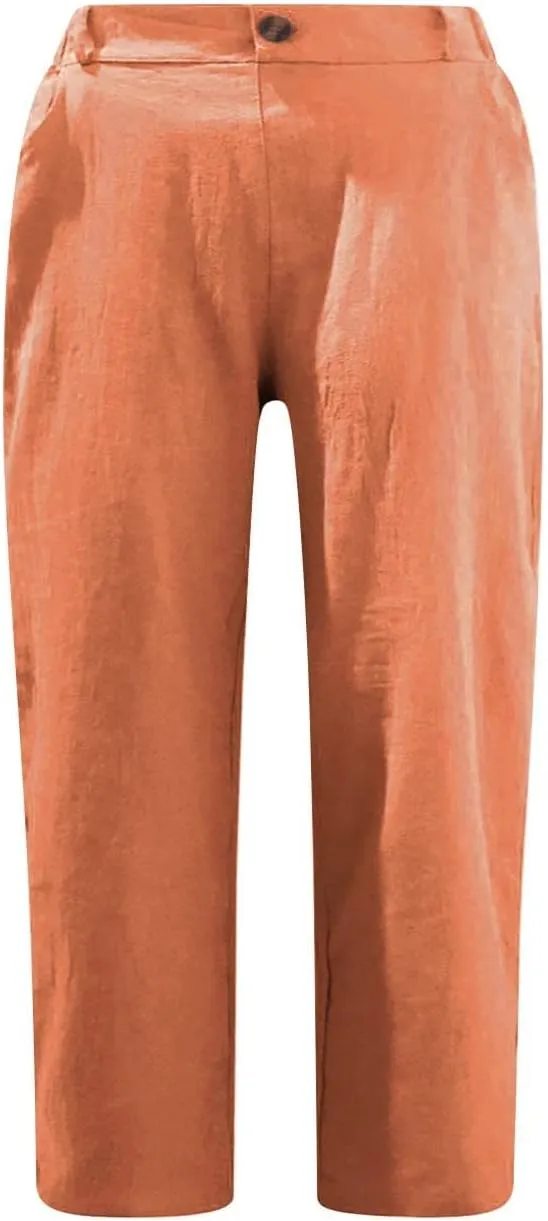 Womens Cotton Linen Capri Pants, Casual Summer Capris Loose Cropped Trousers with Pocket Lightweight Breathable Bottoms