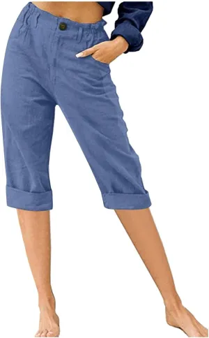 Womens Cotton Linen Capri Pants, Casual Summer Capris Loose Cropped Trousers with Pocket Lightweight Breathable Bottoms