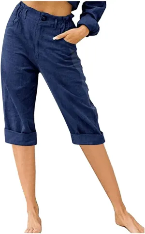 Womens Cotton Linen Capri Pants, Casual Summer Capris Loose Cropped Trousers with Pocket Lightweight Breathable Bottoms