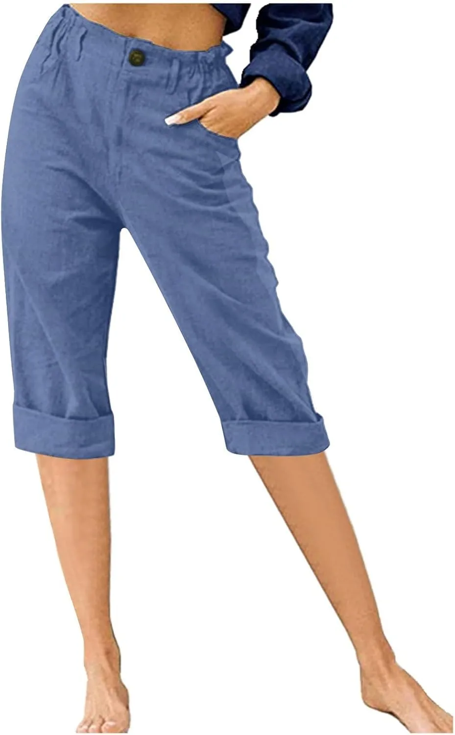 Womens Cotton Linen Capri Pants, Casual Summer Capris Loose Cropped Trousers with Pocket Lightweight Breathable Bottoms