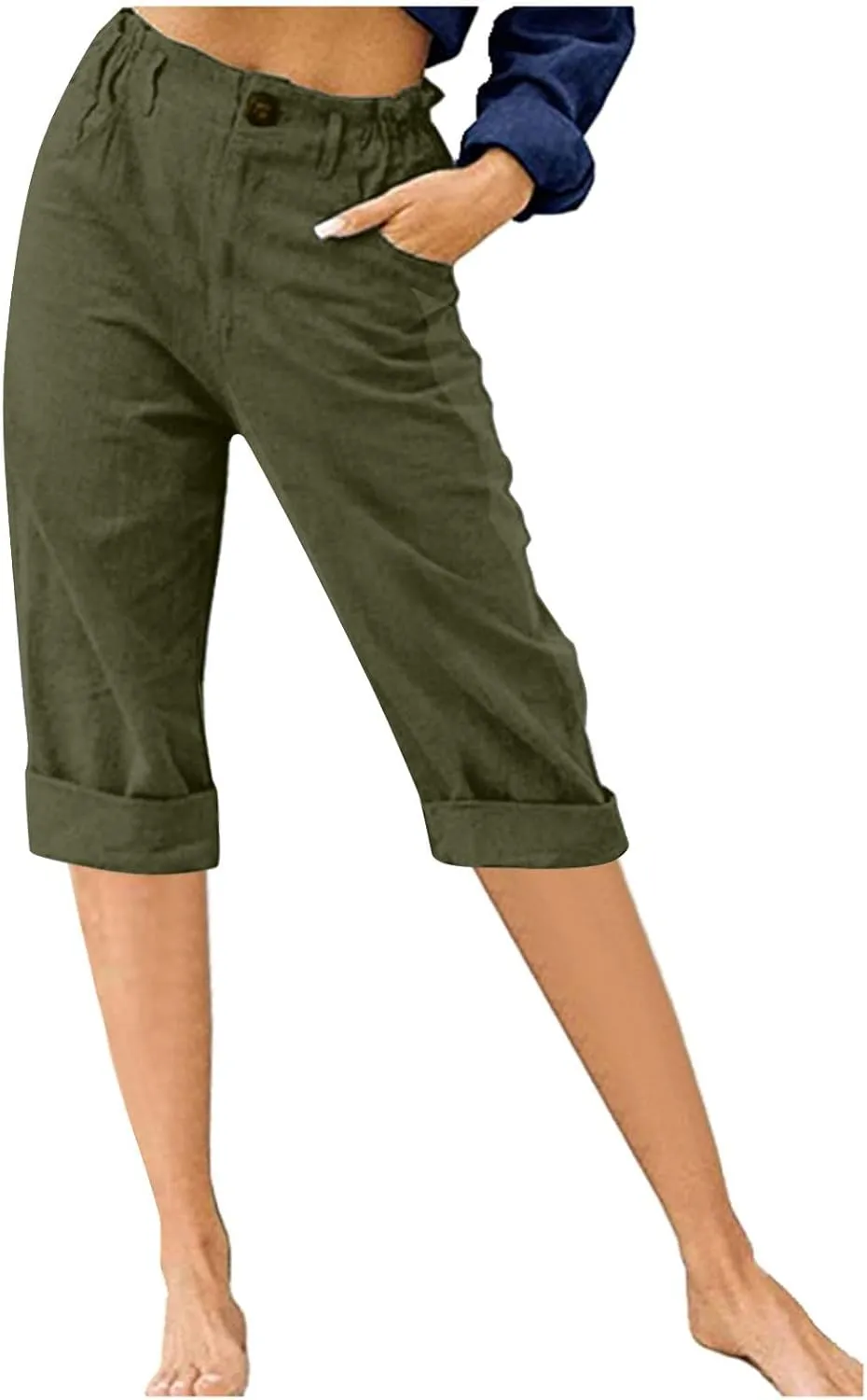 Womens Cotton Linen Capri Pants, Casual Summer Capris Loose Cropped Trousers with Pocket Lightweight Breathable Bottoms