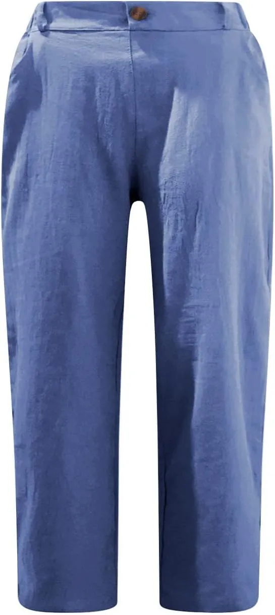 Womens Cotton Linen Capri Pants, Casual Summer Capris Loose Cropped Trousers with Pocket Lightweight Breathable Bottoms
