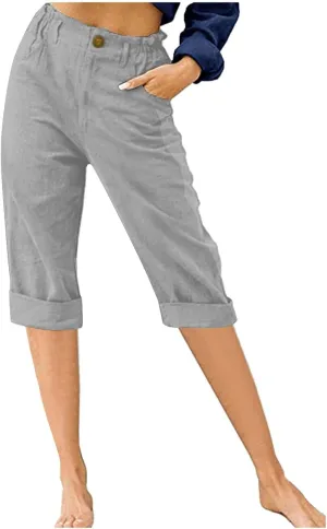 Womens Cotton Linen Capri Pants, Casual Summer Capris Loose Cropped Trousers with Pocket Lightweight Breathable Bottoms