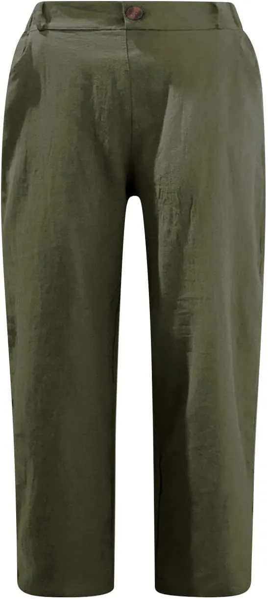 Womens Cotton Linen Capri Pants, Casual Summer Capris Loose Cropped Trousers with Pocket Lightweight Breathable Bottoms