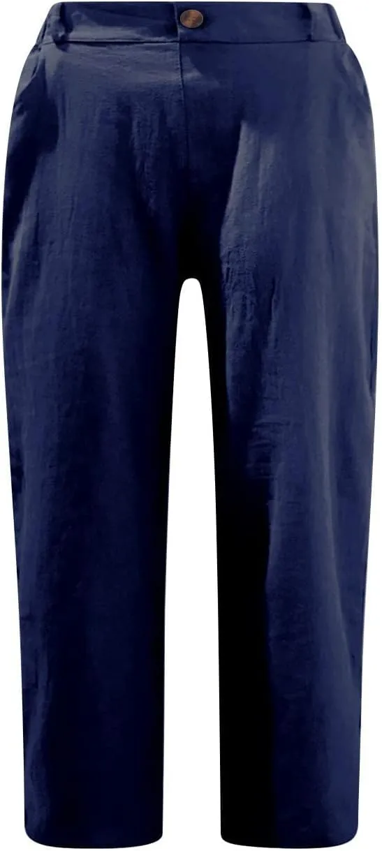 Womens Cotton Linen Capri Pants, Casual Summer Capris Loose Cropped Trousers with Pocket Lightweight Breathable Bottoms