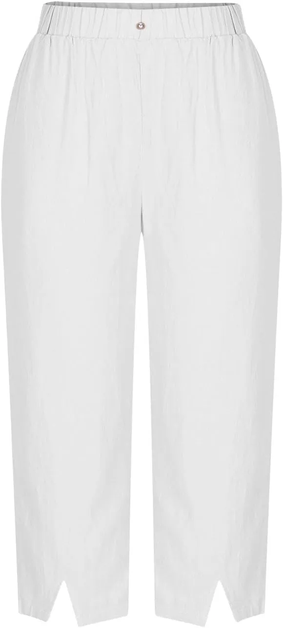 Women's Cotton Linen Capri Pants with Pockets Lightweight Travel Hiking Summer Pant Casual Straight Leg Sweatpants