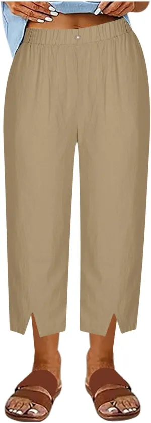Women's Cotton Linen Capri Pants with Pockets Lightweight Travel Hiking Summer Pant Casual Straight Leg Sweatpants