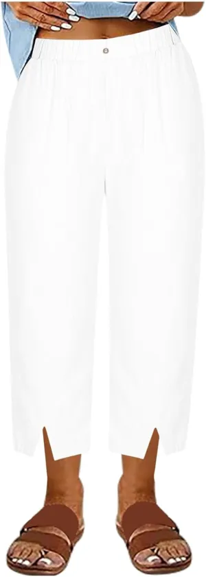 Women's Cotton Linen Capri Pants with Pockets Lightweight Travel Hiking Summer Pant Casual Straight Leg Sweatpants