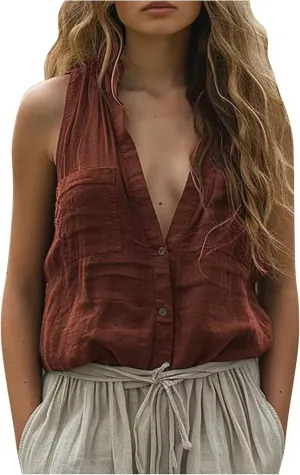 Womens Cotton Linen Vest Tops Deep V Neck Sleeveless Longline Tank Top Button Down Soft Basic Shirts with Pockets