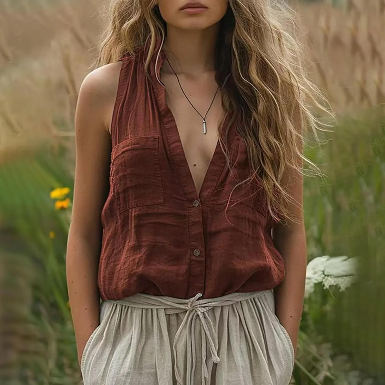 Womens Cotton Linen Vest Tops Deep V Neck Sleeveless Longline Tank Top Button Down Soft Basic Shirts with Pockets