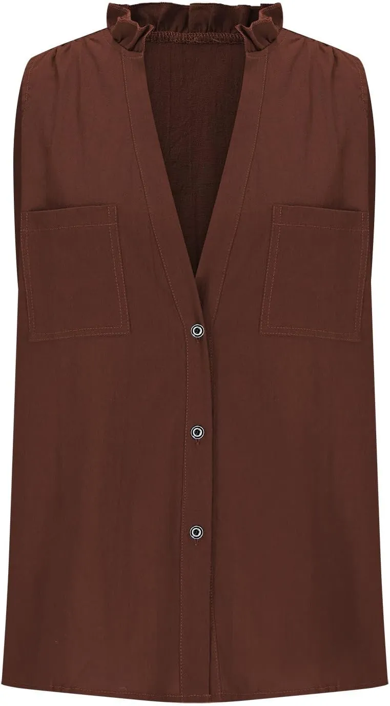 Womens Cotton Linen Vest Tops Deep V Neck Sleeveless Longline Tank Top Button Down Soft Basic Shirts with Pockets