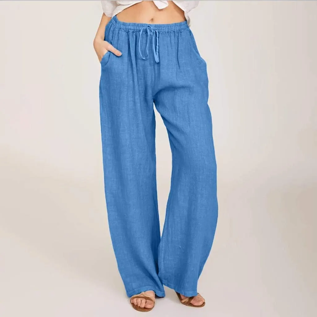 Women's Cotton Linen Wide Leg Pants Low Waisted Flowy Flare Trousers Athletic Fit Gym Fitness Yoga Straight Leg Pants