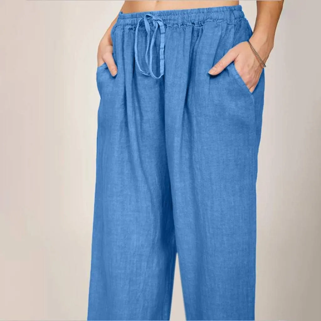 Women's Cotton Linen Wide Leg Pants Low Waisted Flowy Flare Trousers Athletic Fit Gym Fitness Yoga Straight Leg Pants