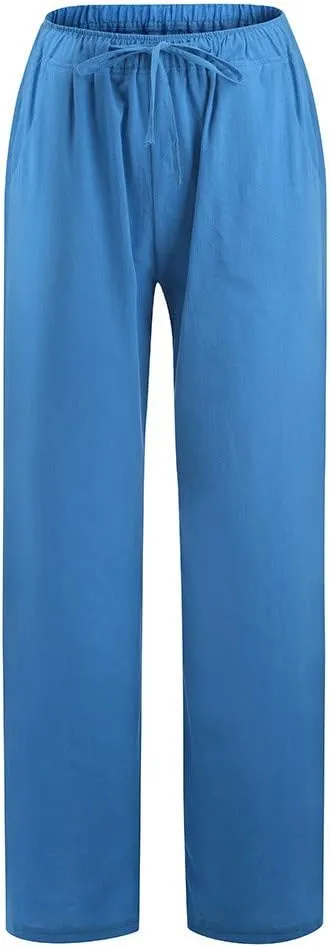 Women's Cotton Linen Wide Leg Pants Low Waisted Flowy Flare Trousers Athletic Fit Gym Fitness Yoga Straight Leg Pants
