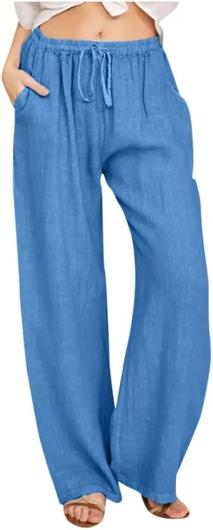 Women's Cotton Linen Wide Leg Pants Low Waisted Flowy Flare Trousers Athletic Fit Gym Fitness Yoga Straight Leg Pants