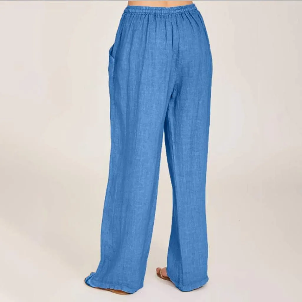 Women's Cotton Linen Wide Leg Pants Low Waisted Flowy Flare Trousers Athletic Fit Gym Fitness Yoga Straight Leg Pants