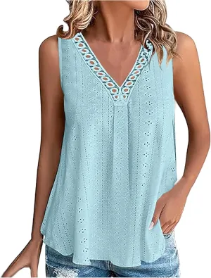 Womens Eyelet Tank Top Hollow Out Lace Crochet V Neck Camisole Sleeveless Casual Shirts Dressy Tunic Blouses