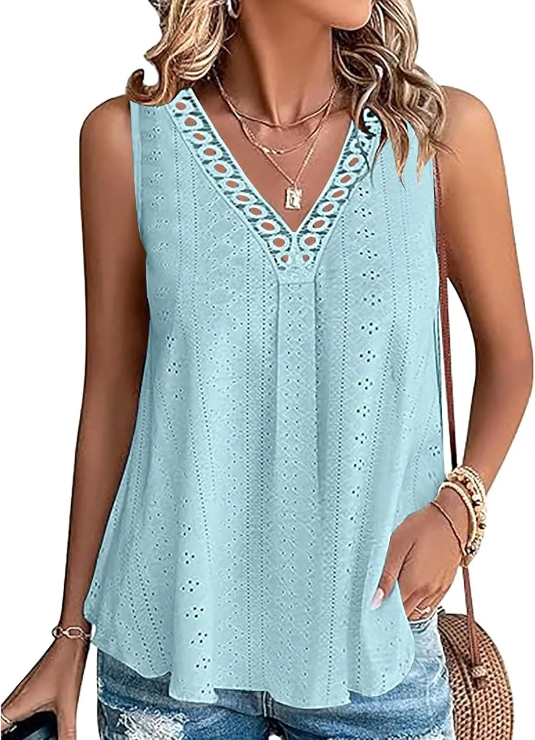 Womens Eyelet Tank Top Hollow Out Lace Crochet V Neck Camisole Sleeveless Casual Shirts Dressy Tunic Blouses