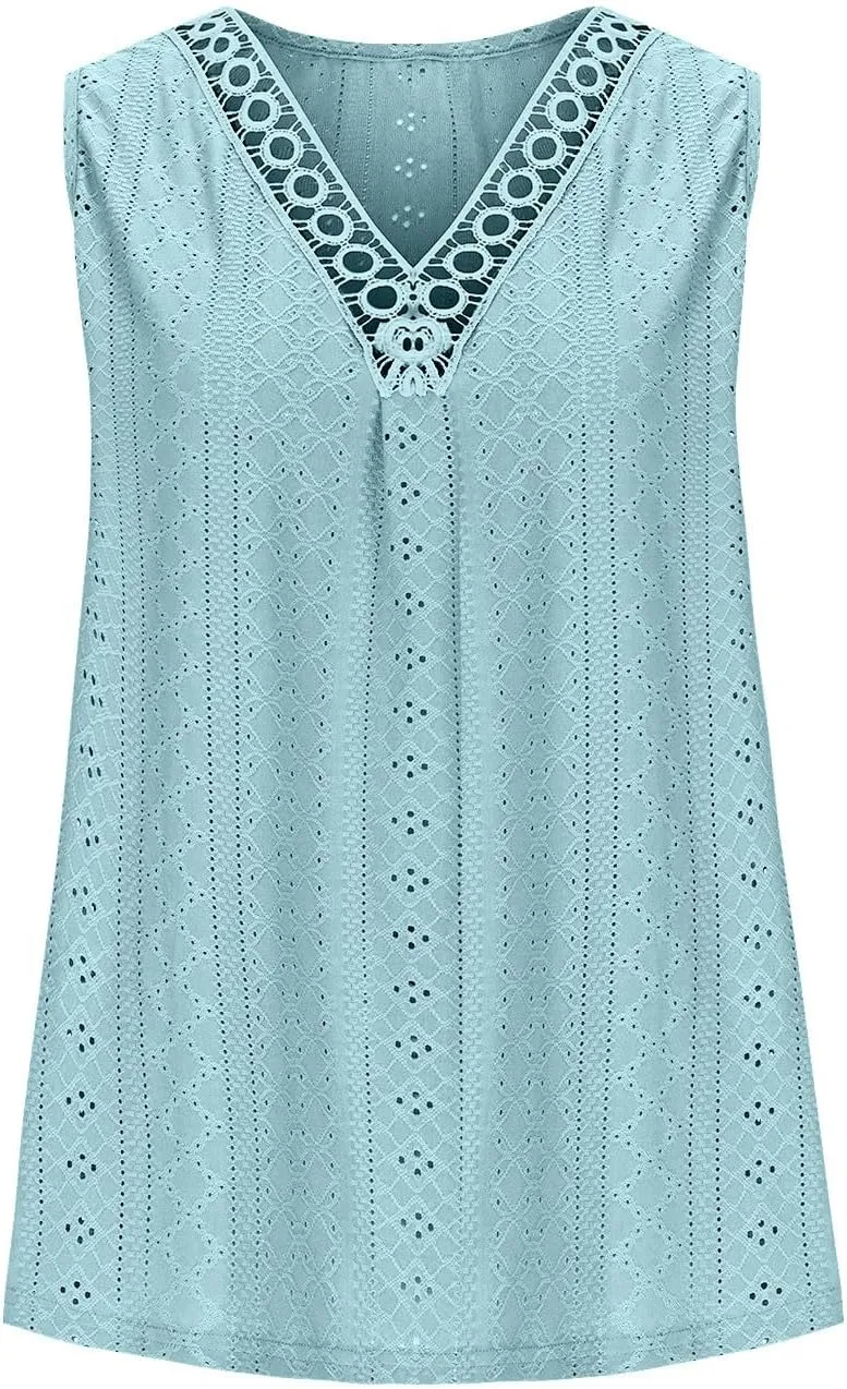 Womens Eyelet Tank Top Hollow Out Lace Crochet V Neck Camisole Sleeveless Casual Shirts Dressy Tunic Blouses