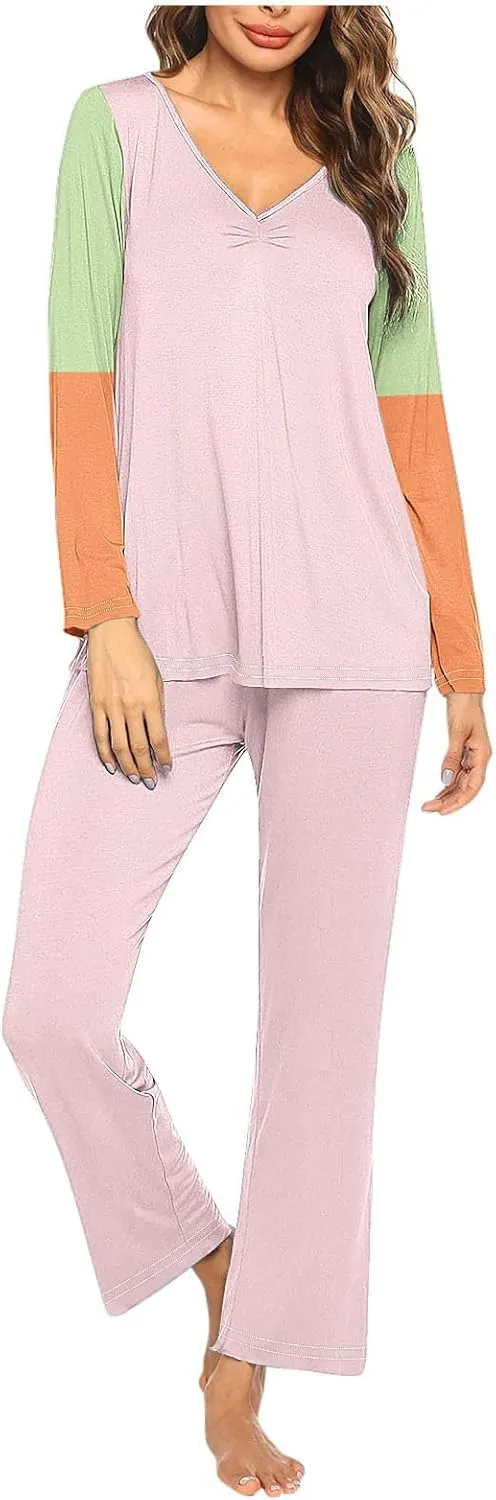 Womens Fashion Color Block Pajamas Sets Casual Daily Long Sleeve V Neck Loungewear Plus Size Sleepwear Pants Set