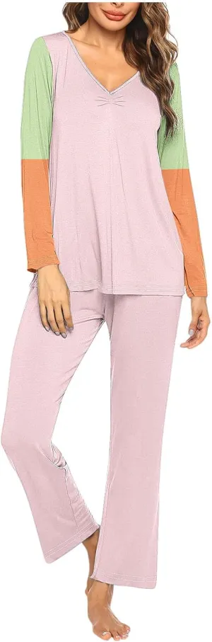 Womens Fashion Color Block Pajamas Sets Casual Daily Long Sleeve V Neck Loungewear Plus Size Sleepwear Pants Set