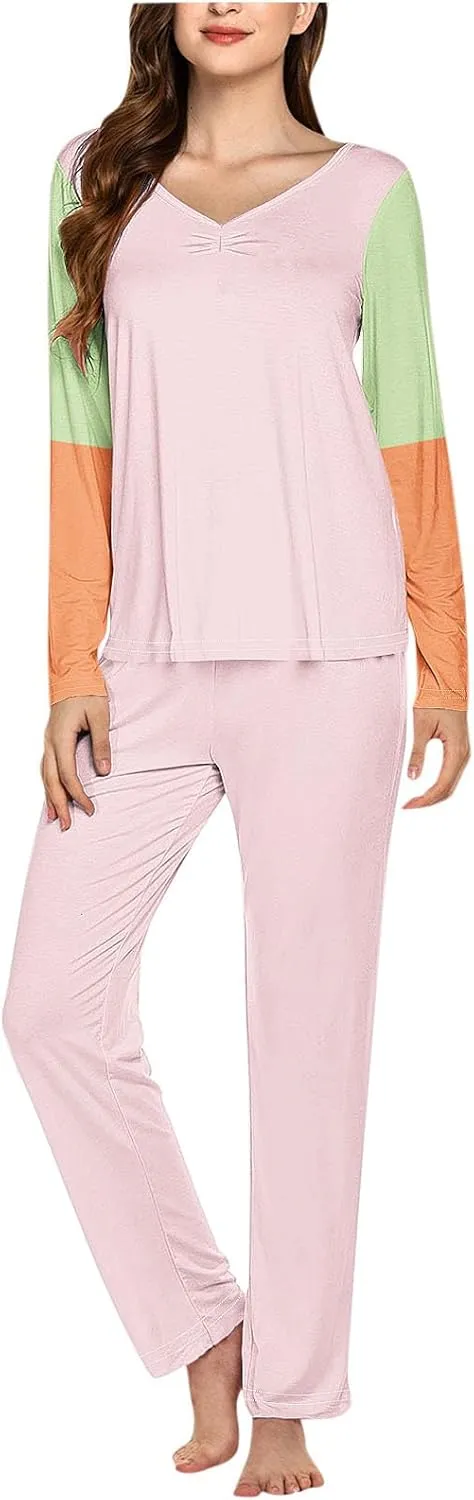 Womens Fashion Color Block Pajamas Sets Casual Daily Long Sleeve V Neck Loungewear Plus Size Sleepwear Pants Set