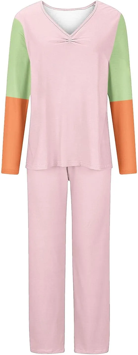 Womens Fashion Color Block Pajamas Sets Casual Daily Long Sleeve V Neck Loungewear Plus Size Sleepwear Pants Set