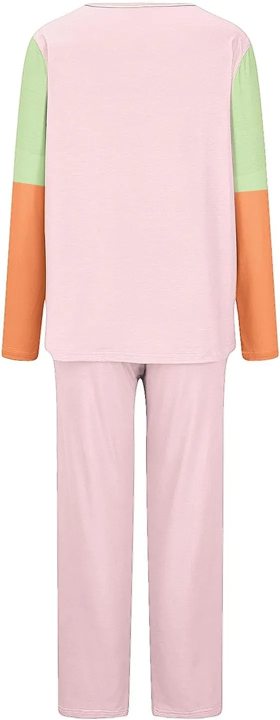 Womens Fashion Color Block Pajamas Sets Casual Daily Long Sleeve V Neck Loungewear Plus Size Sleepwear Pants Set