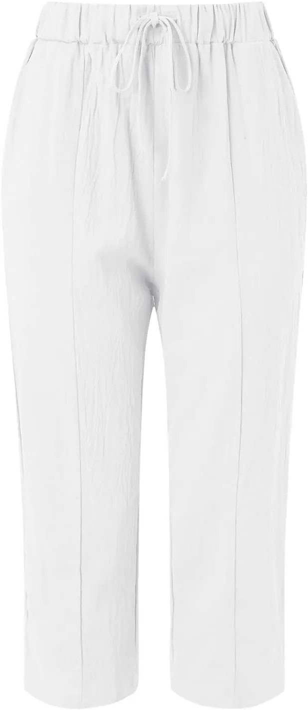 Womens Linen Pants Casual Summer Loose Solid Color High Waisted Straight Leg Beach Linen Pants Breathable Ankle Trousers