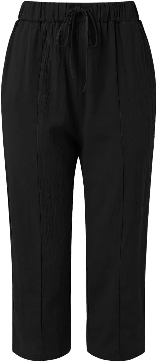 Womens Linen Pants Casual Summer Loose Solid Color High Waisted Straight Leg Beach Linen Pants Breathable Ankle Trousers