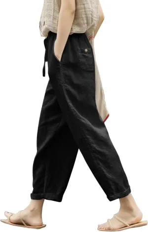 Womens Linen Pants Casual Summer Loose Solid Color High Waisted Straight Leg Beach Linen Pants Breathable Ankle Trousers