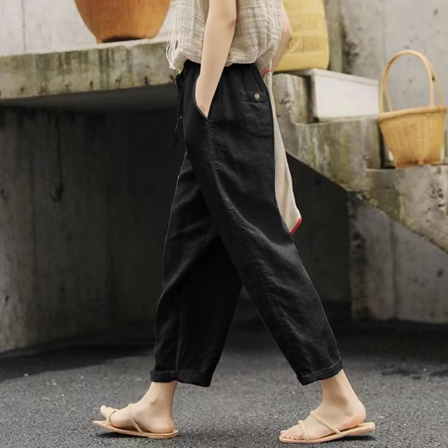 Womens Linen Pants Casual Summer Loose Solid Color High Waisted Straight Leg Beach Linen Pants Breathable Ankle Trousers