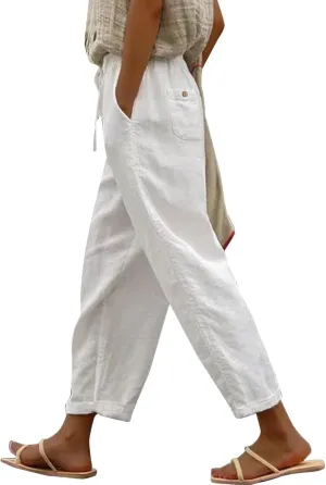 Womens Linen Pants Casual Summer Loose Solid Color High Waisted Straight Leg Beach Linen Pants Breathable Ankle Trousers
