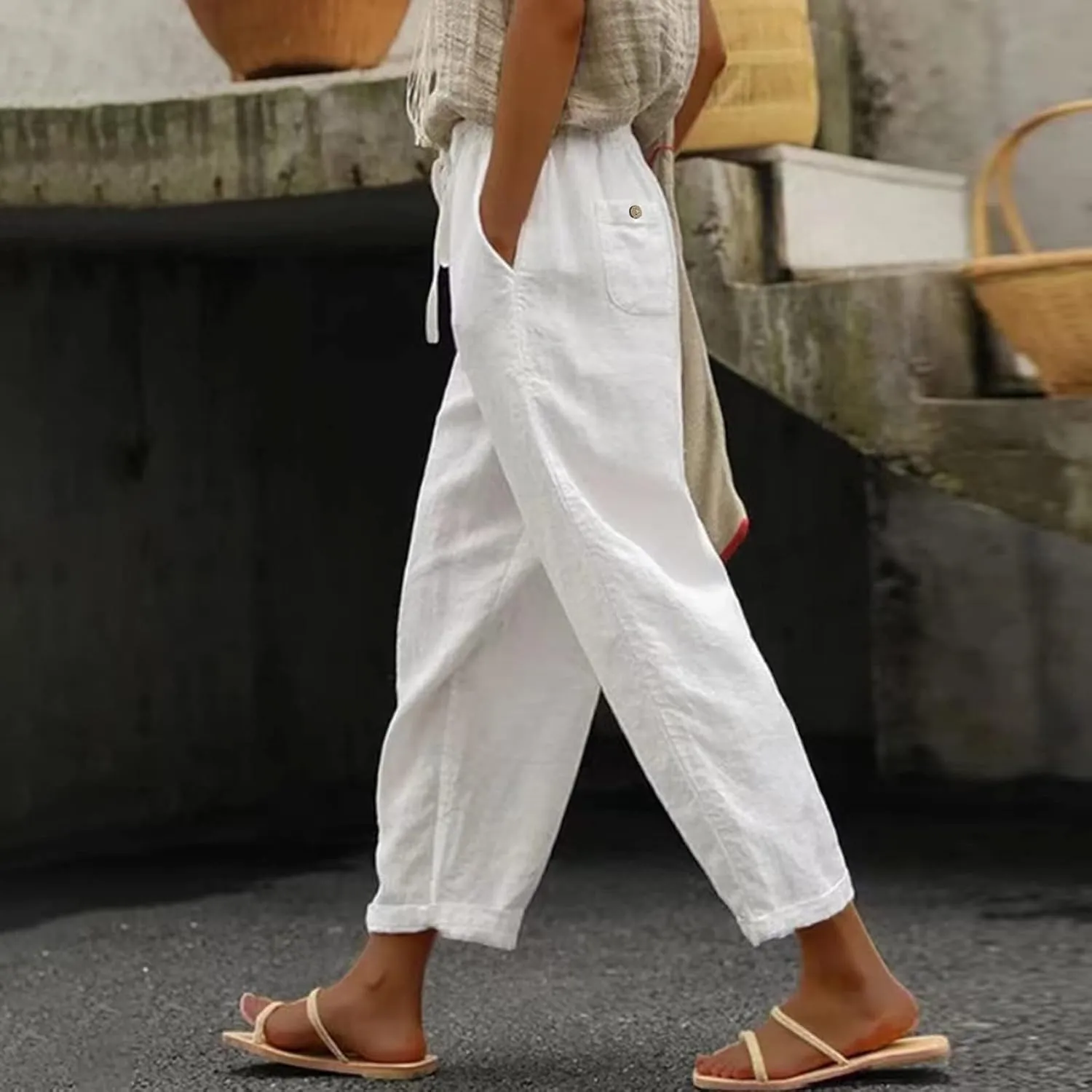 Womens Linen Pants Casual Summer Loose Solid Color High Waisted Straight Leg Beach Linen Pants Breathable Ankle Trousers