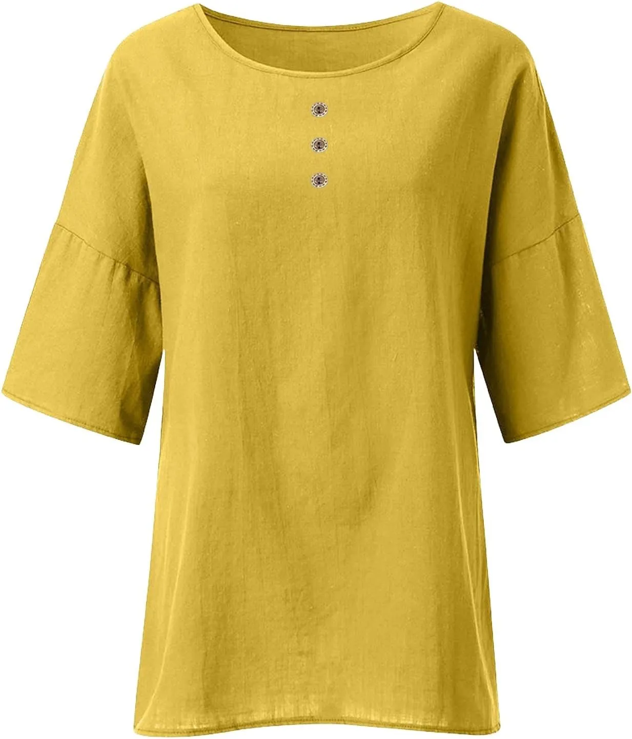 Womens Linen Shirts V-Neck Buttons Blouses Bohemian Boho Comfy Tops Short Sleeve Loose Fit Tunic Top