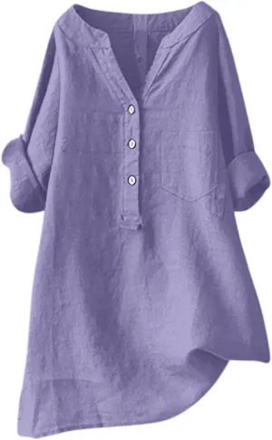 Womens Linen Shirts V-Neck Buttons Blouses Bohemian Boho Comfy Tops Short Sleeve Loose Fit Tunic Top
