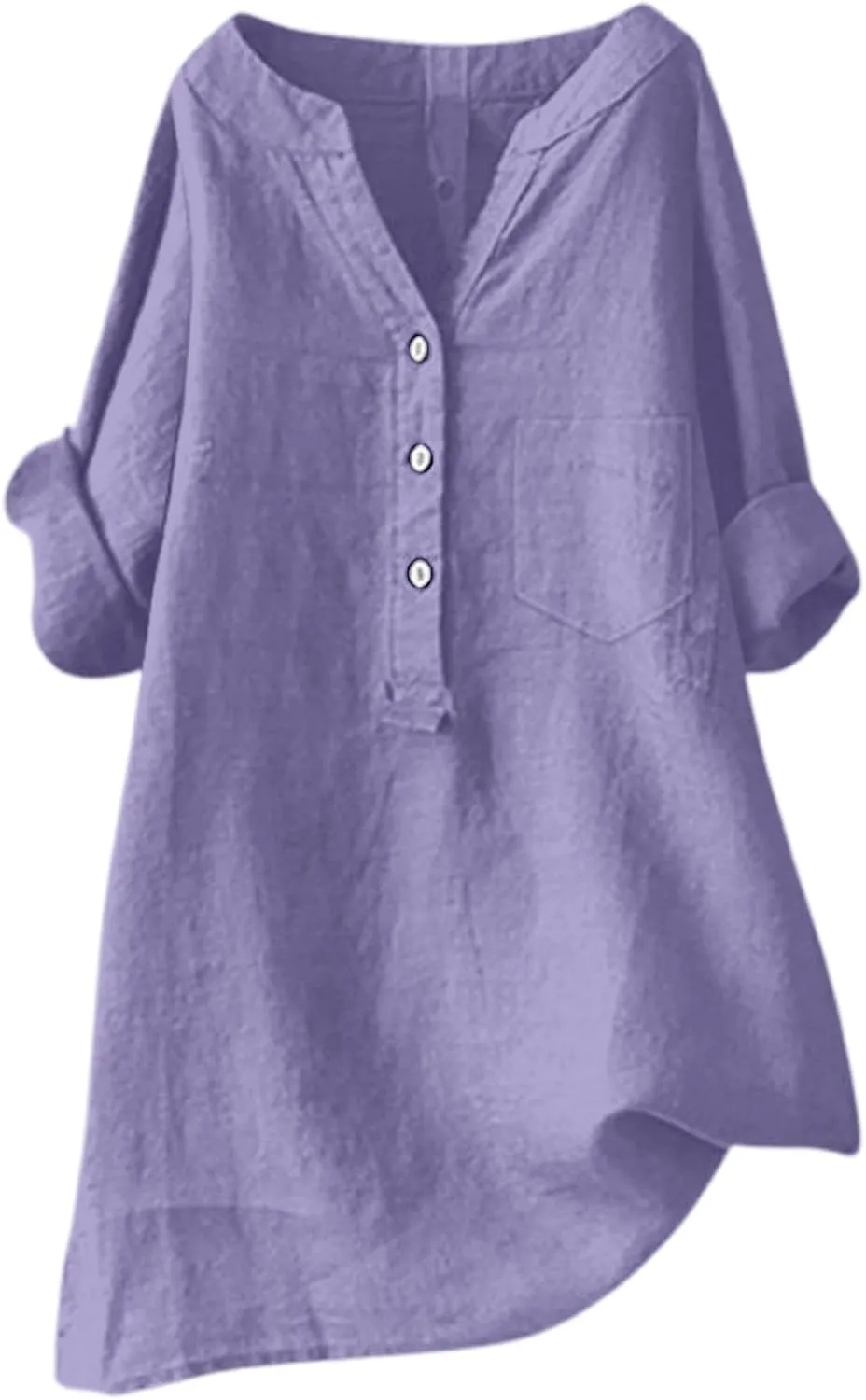 Womens Linen Shirts V-Neck Buttons Blouses Bohemian Boho Comfy Tops Short Sleeve Loose Fit Tunic Top