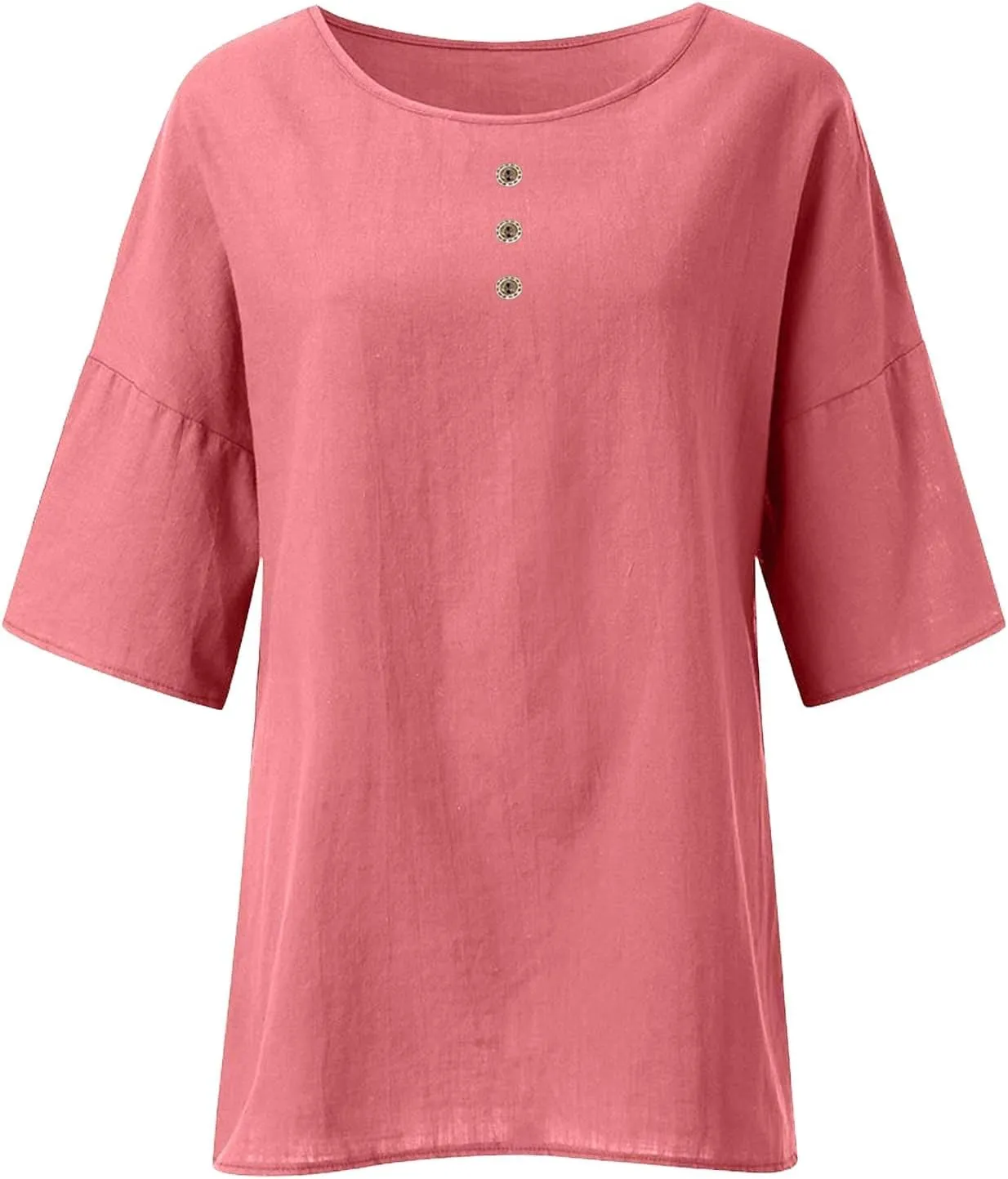 Womens Linen Shirts V-Neck Buttons Blouses Bohemian Boho Comfy Tops Short Sleeve Loose Fit Tunic Top