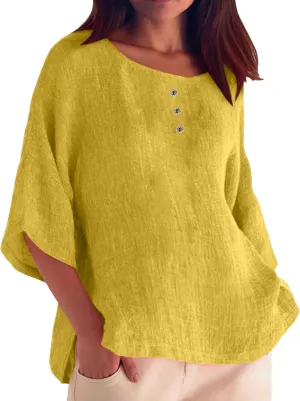 Womens Linen Shirts V-Neck Buttons Blouses Bohemian Boho Comfy Tops Short Sleeve Loose Fit Tunic Top